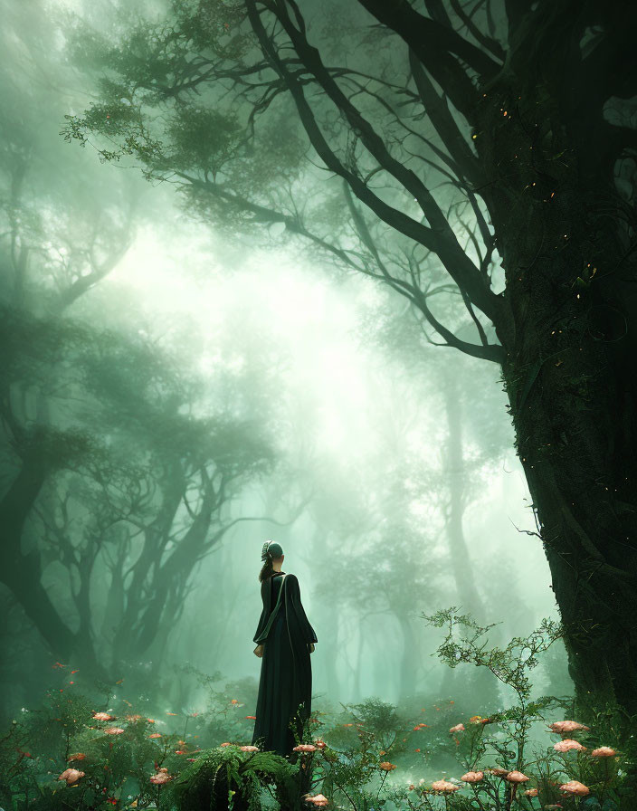 Solitary figure in mystical green forest with towering trees and pink flowers