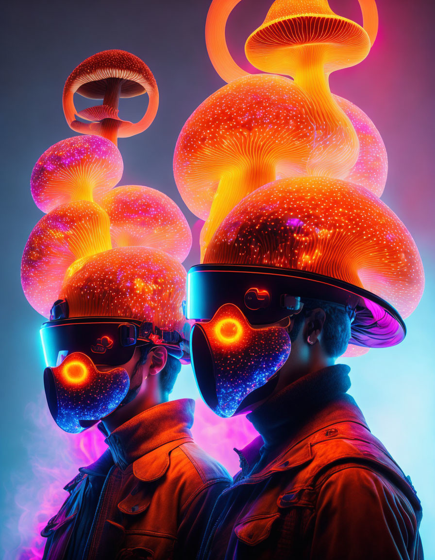 Futuristic helmets with glowing mushroom-like structures under neon lights