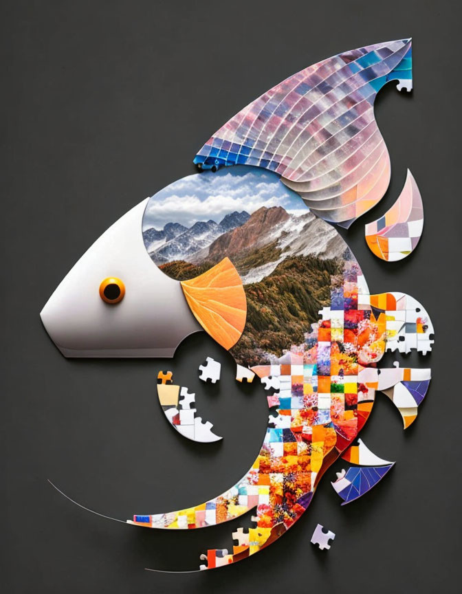 Colorful fish-shaped collage with puzzle piece patterns on black background