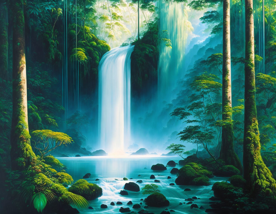 Tranquil waterfall in lush forest with sunlight and clear blue water