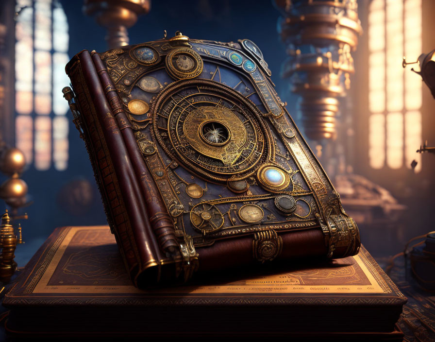 Steampunk-inspired book with metal detailing and glowing candles