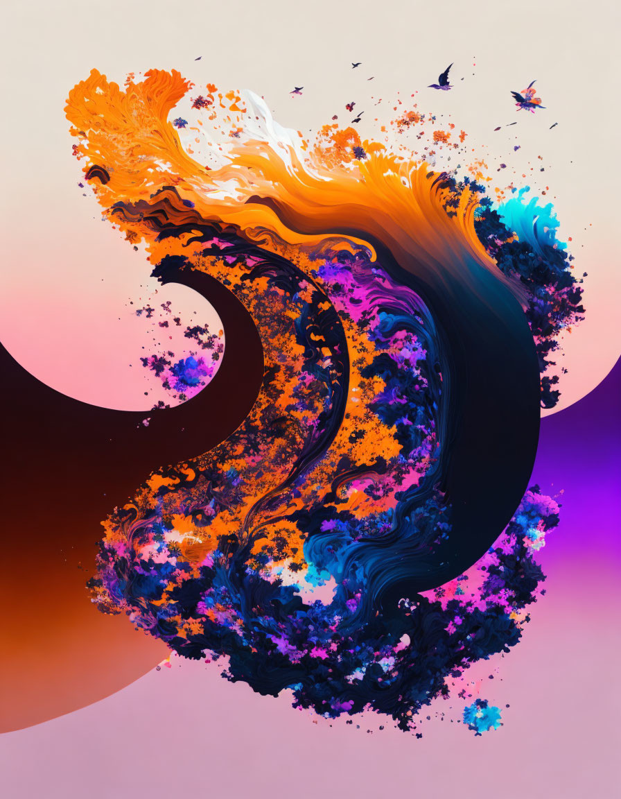 Vibrant orange, blue, and purple swirl in abstract digital art