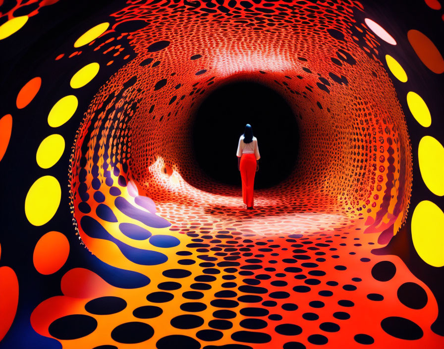 Colorful Psychedelic Tunnel with Swirling Red, Yellow, and Blue Patterns