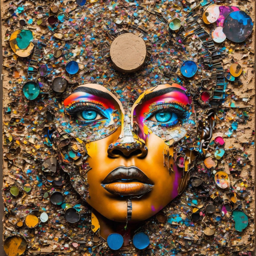 Colorful Fragmented Face Art Surrounded by Objects