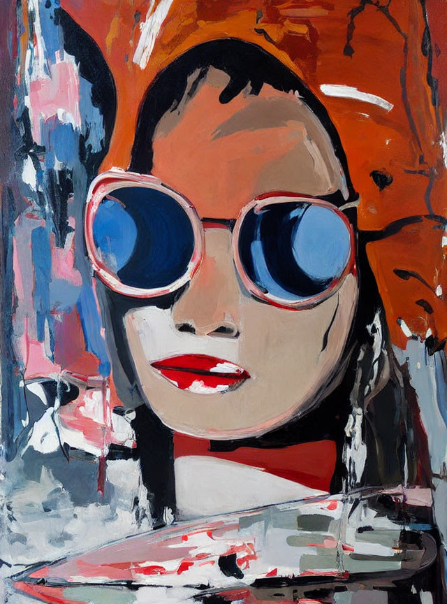 Stylized woman's face with blue sunglasses and red lipstick