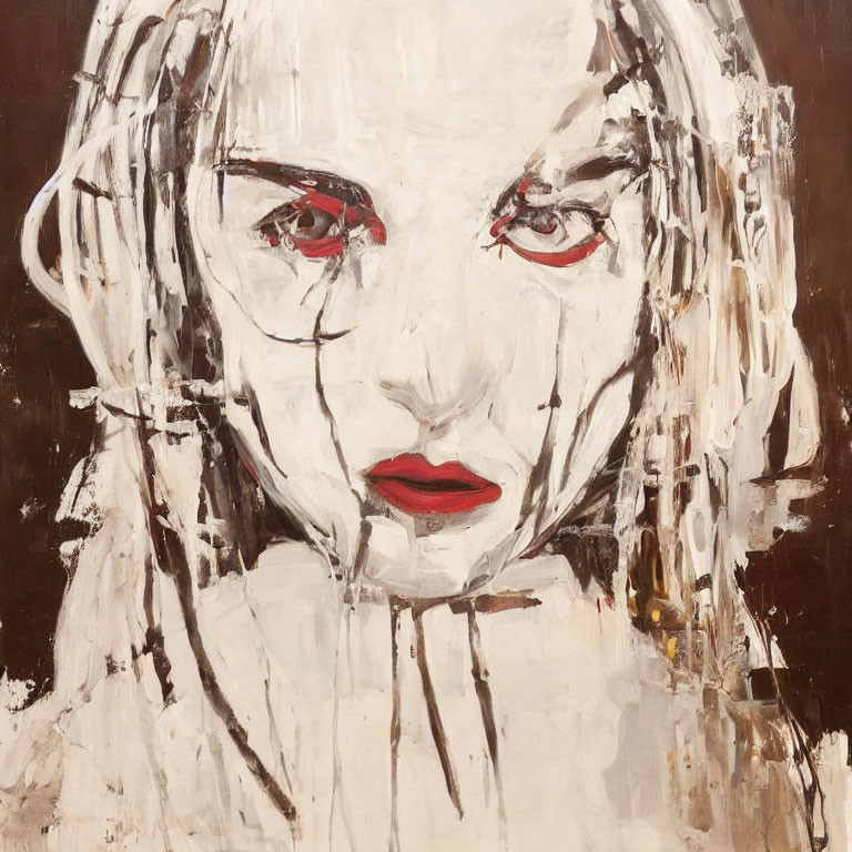Abstract portrait of a woman with red lips and eyes on brown background with white paint streaks.