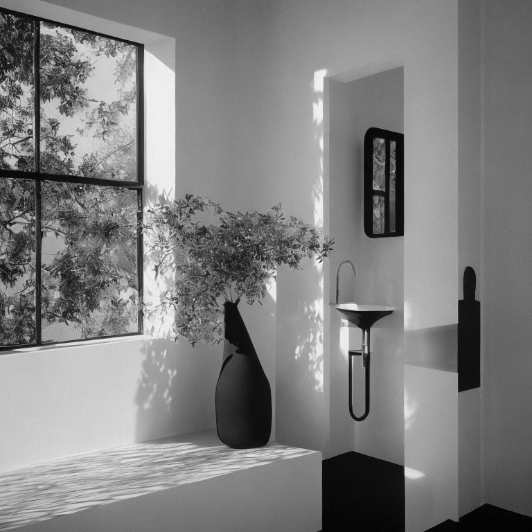 Minimalist Monochrome Corner with Sink, Mirror, Vase, and Tree View