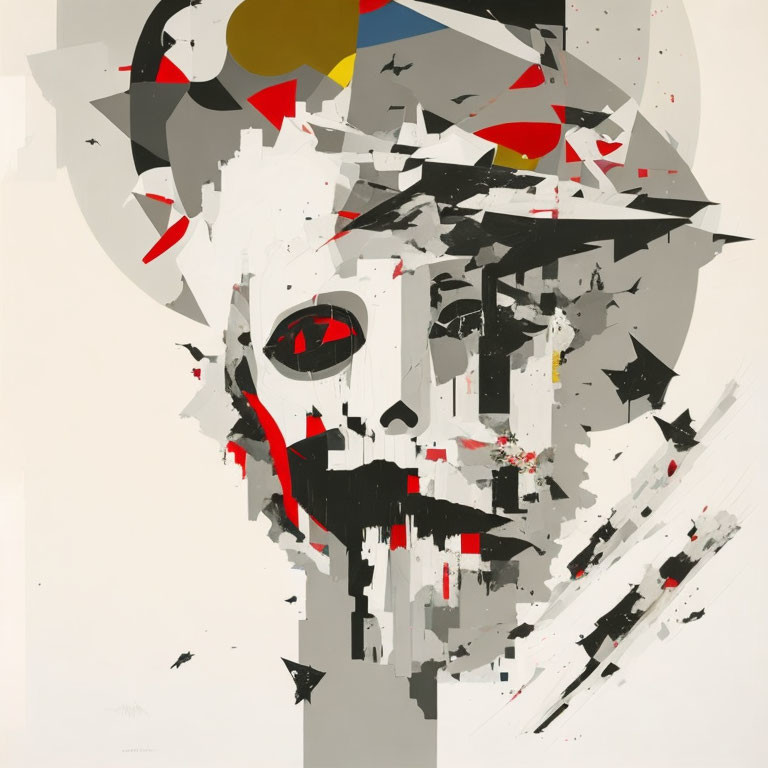 Geometric Human Face Art in Grayscale with Red, Yellow, Blue