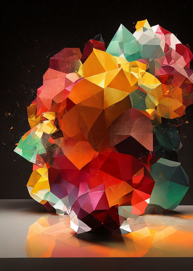 Colorful geometric crystal structure on dark background with reflective surface.