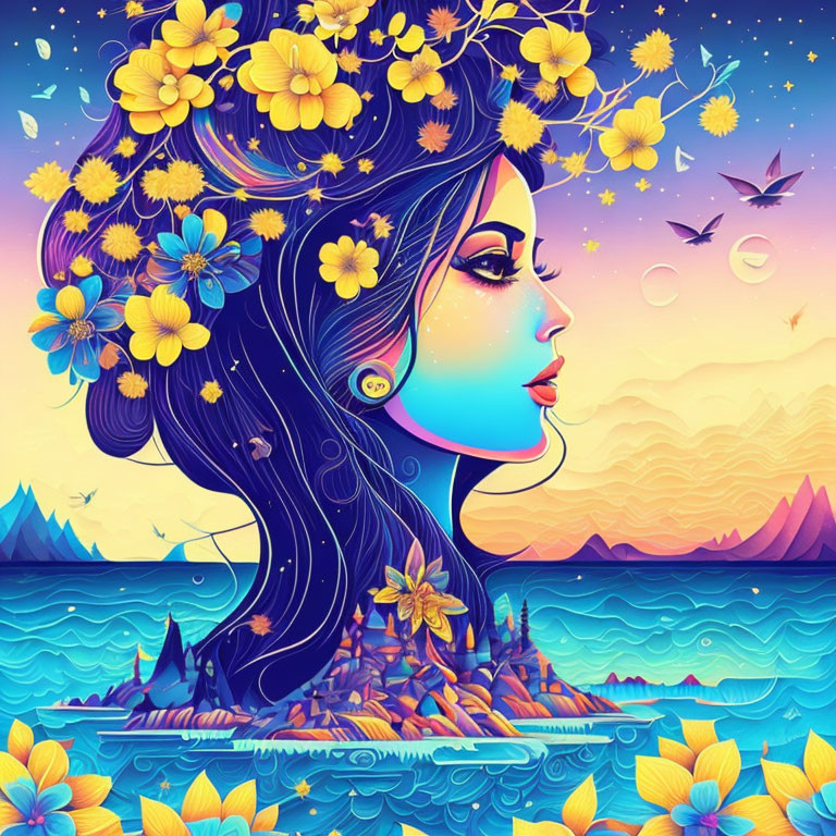 Colorful Woman Profile Illustration with Floral Hair in Mountain Sunset Scene