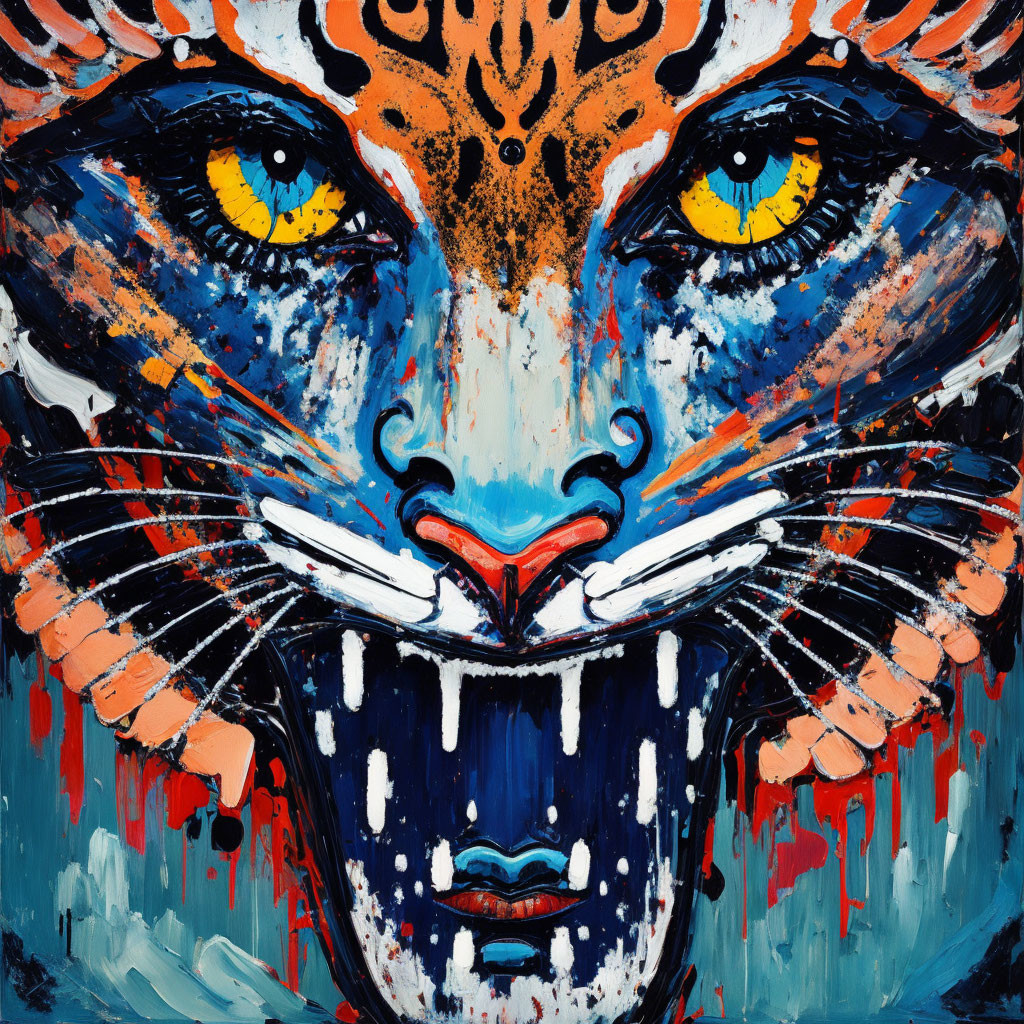 Colorful Abstract Tiger Face Painting with Yellow Eyes and Bold Strokes