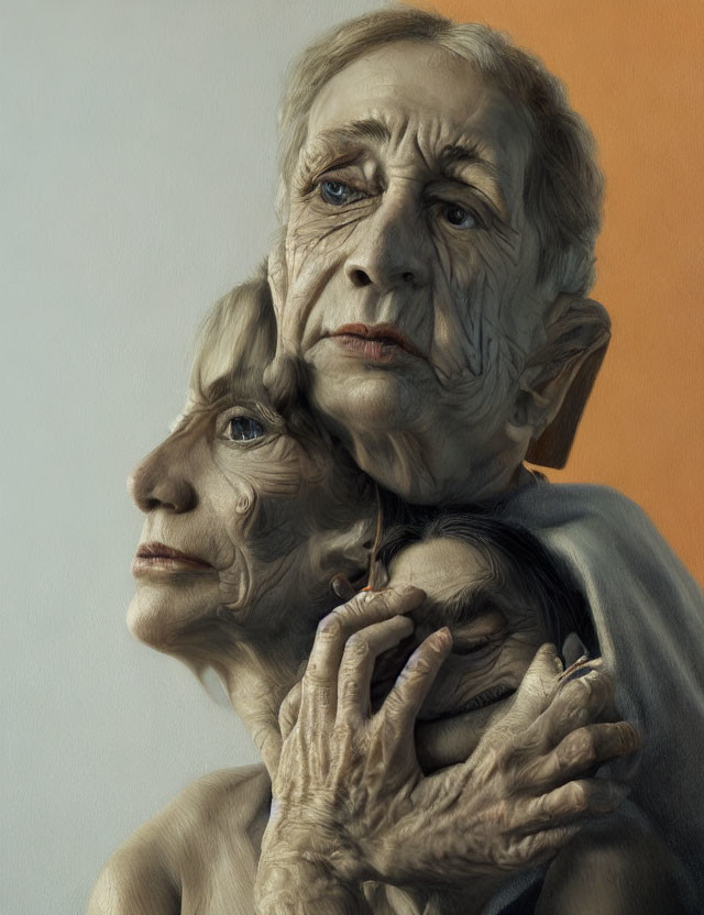 Elderly couple embracing with contemplative expressions