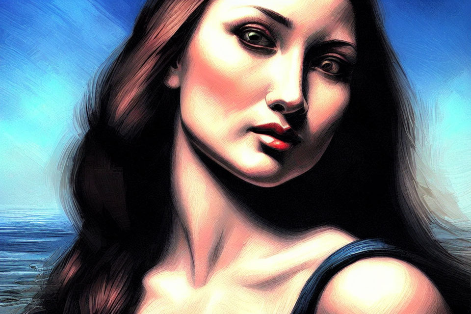 Digital portrait of woman with long hair and prominent cheekbones on blue background