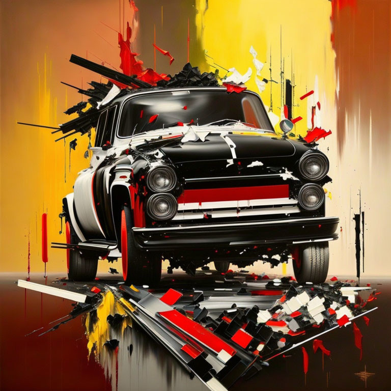Stylized black vintage car with dynamic color splashes on glossy surface