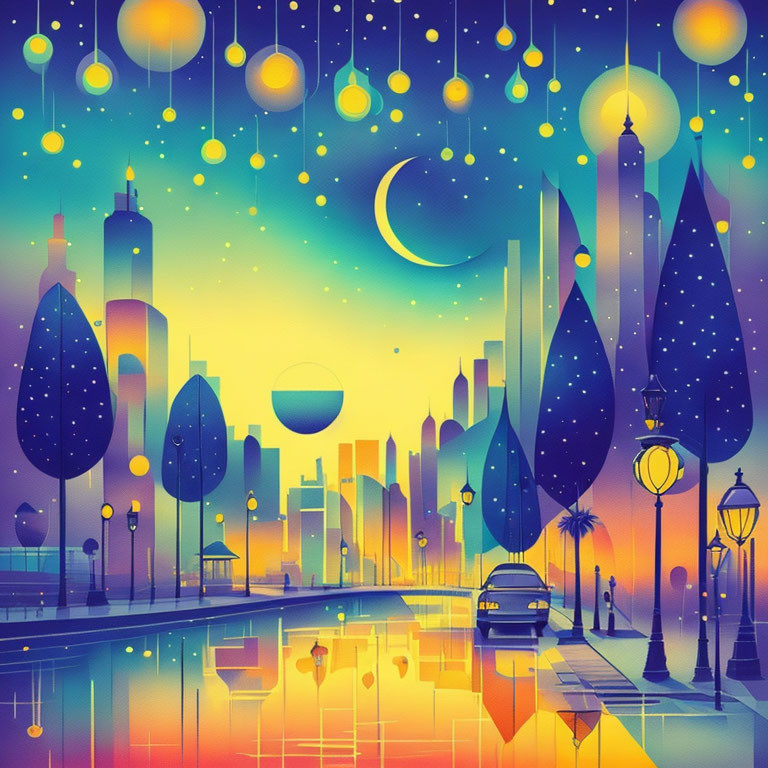 Colorful futuristic cityscape illustration at night with crescent moon and hanging lanterns