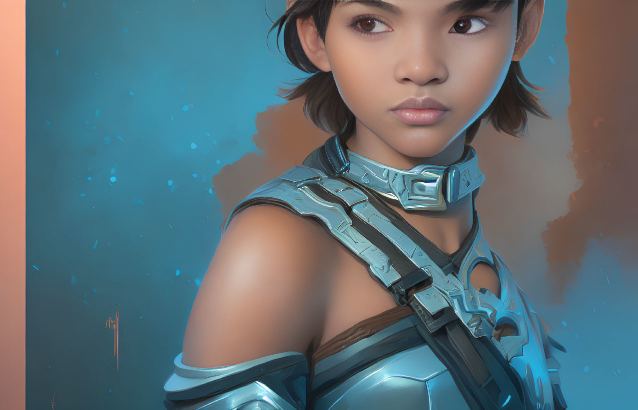 Digital artwork: Young woman in futuristic armor with blue glow on soft blue background