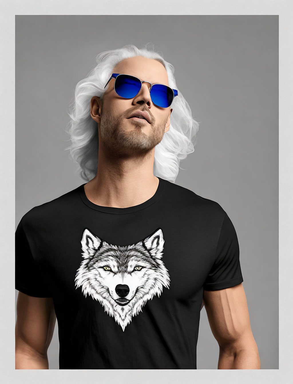 Man with long white hair in blue sunglasses and black t-shirt with wolf graphic