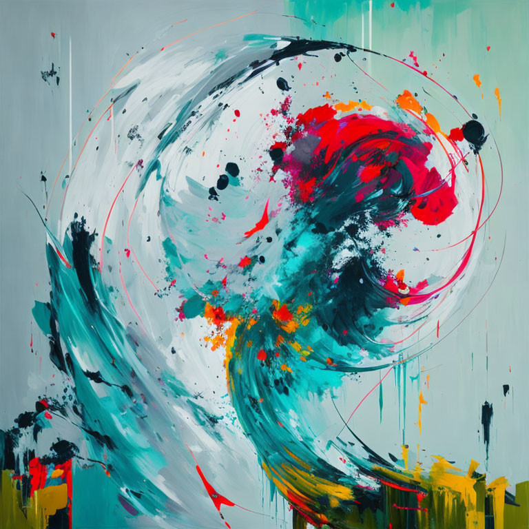 Colorful Abstract Painting with Swirling Blue, Red, Black, and Yellow on Gray Background