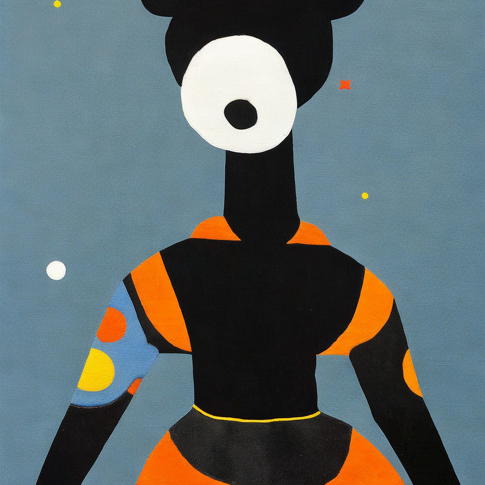 Stylized figure in abstract painting with circular white head and orange-black striped body on blue background.