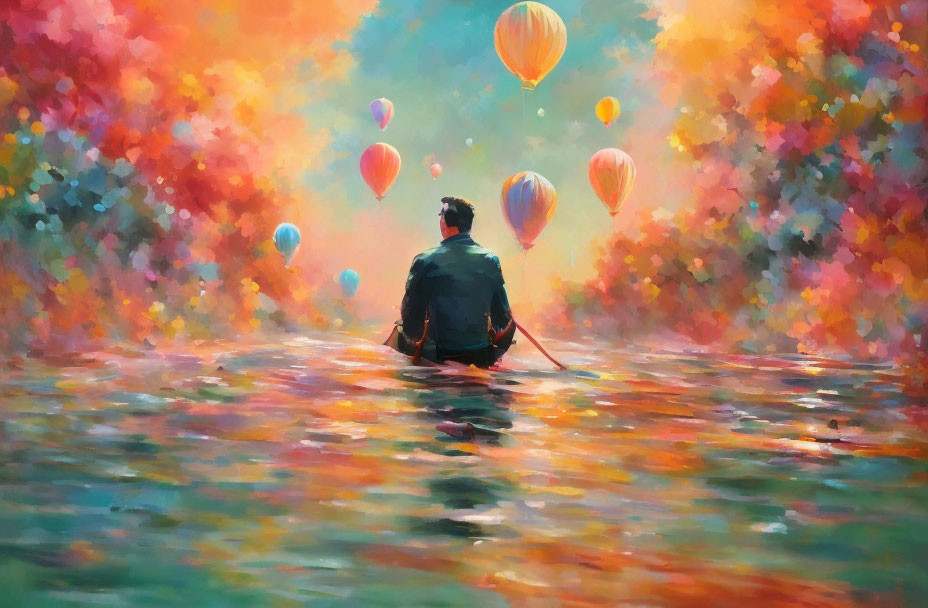 Person rowing boat on vibrant water with hot air balloons in colorful sky