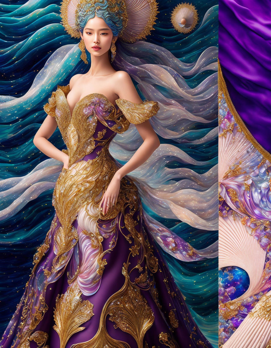 Woman in opulent gold and purple gown against cosmic starry background