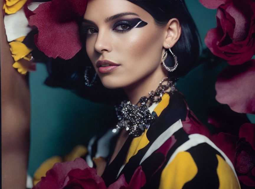 Woman with bold makeup and floral surroundings in vibrant attire.