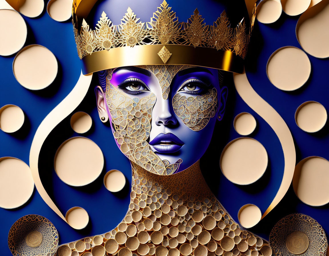 Digital artwork: Woman with metallic skin, gold lace, crown on blue & gold backdrop