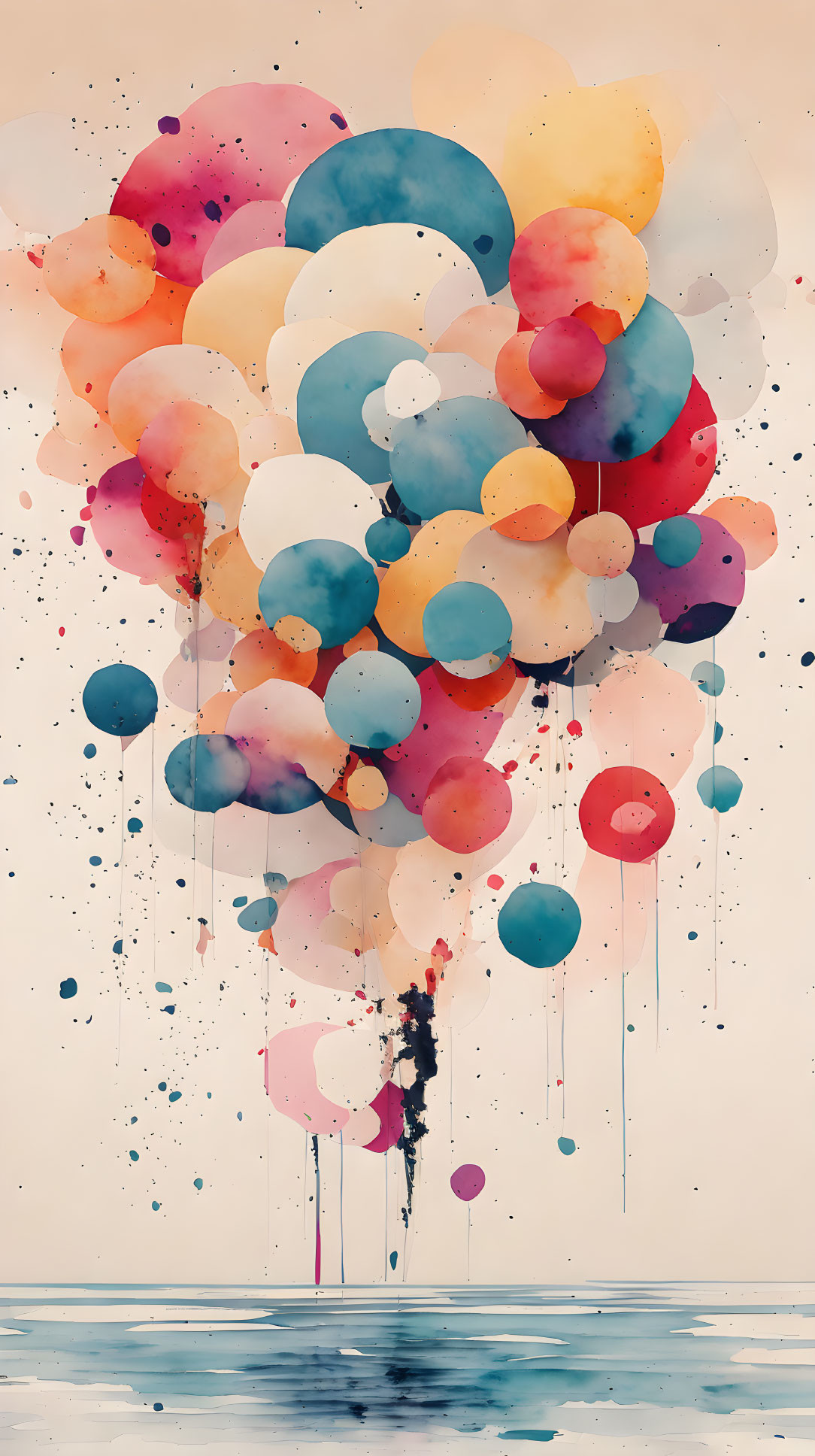 Vibrant watercolor balloons floating over reflective water