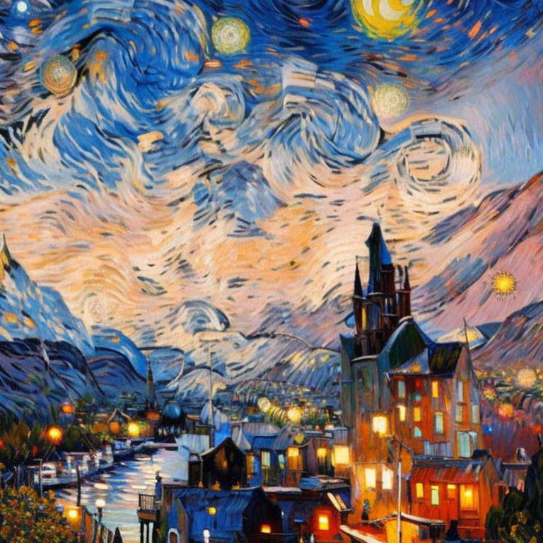 Impressionist painting of starry night over small town