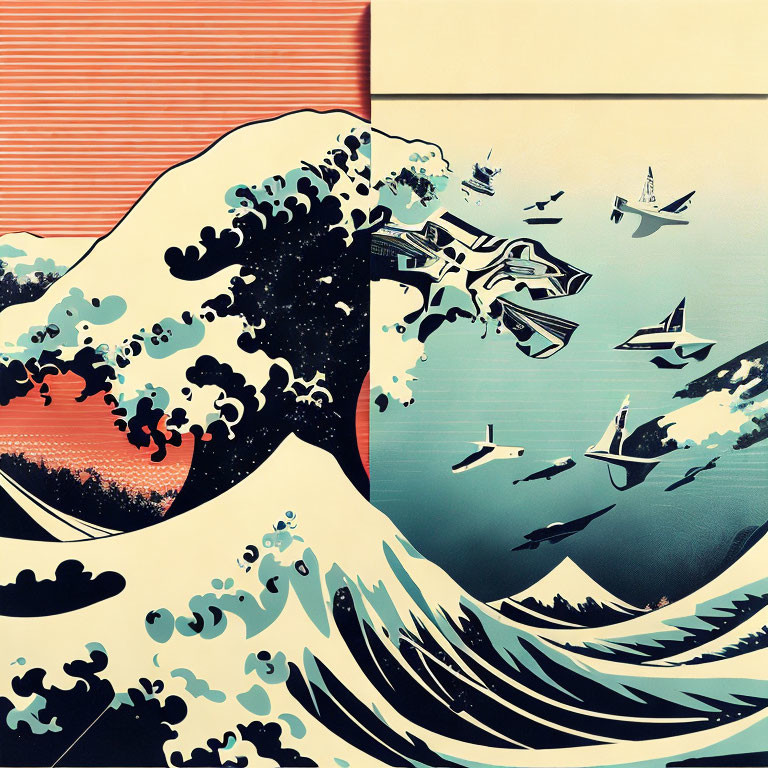 Modern adaptation of Japanese "Great Wave" with technology elements