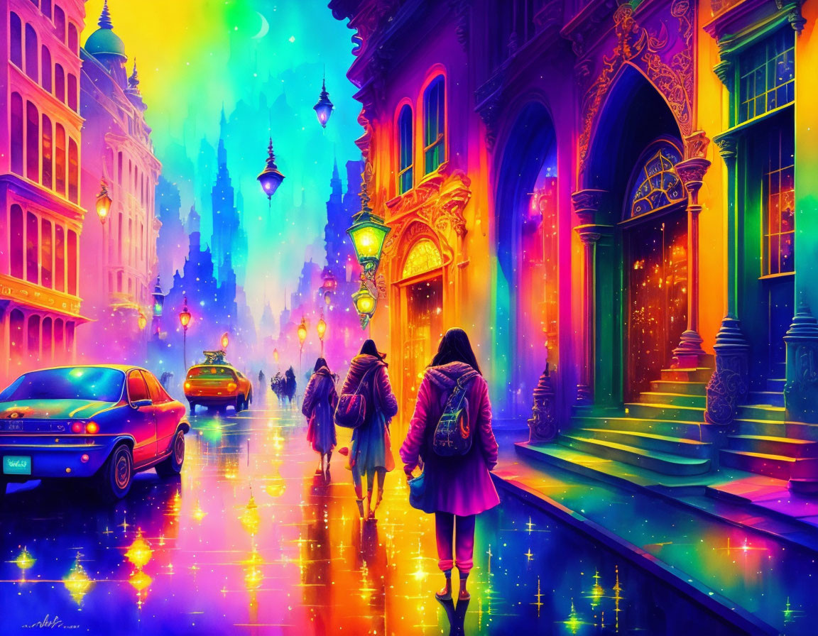 Colorful cityscape with neon lights reflecting on wet street