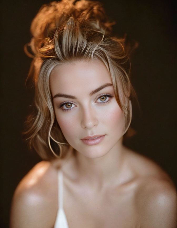 Blonde Woman Portrait with Updo Hair and Hazel Eyes