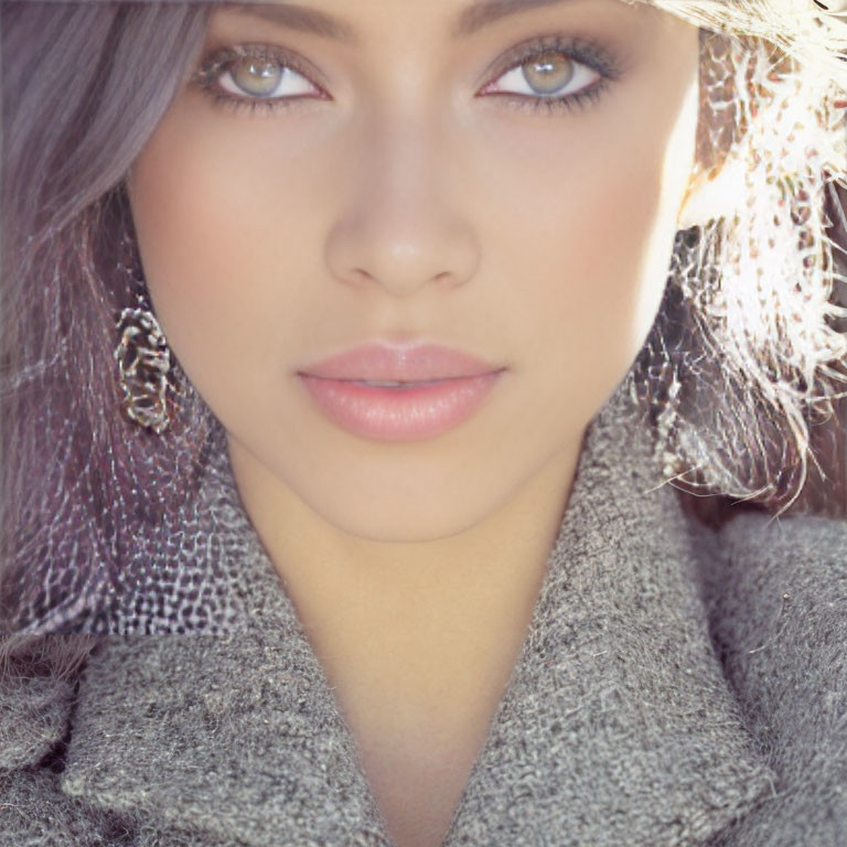 Portrait of woman with green eyes, full lips, earrings, grey knit garment