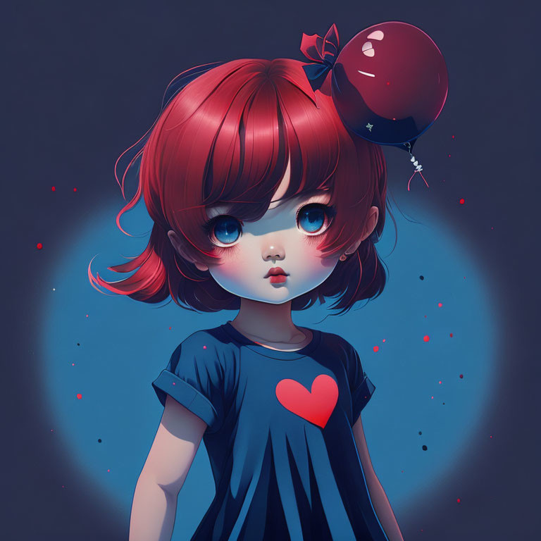 Red-haired girl with balloon in blue shirt on dark blue backdrop