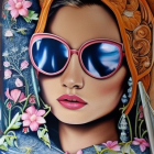 Stylized woman's face with blue sunglasses and red lipstick