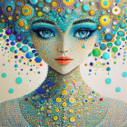Colorful portrait of a woman with blue eyes and makeup in a psychedelic dot mosaic.