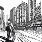 Monochrome street scene with cyclist, buildings, and tram.