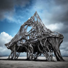 Intricate driftwood beast sculpture under dramatic sky