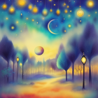 Colorful futuristic cityscape illustration at night with crescent moon and hanging lanterns