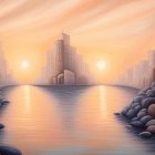 Futuristic cityscape with two suns, canal, boats, and birds