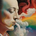 Surrealist portrait blending man's profile with cloudy sky