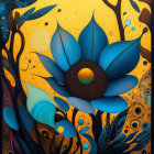 Vivid Abstract Artwork: Oversized Blue Flower on Yellow Dotted Background