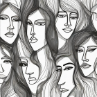 Monochrome painting of intertwined female faces with flowing hair.