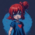 Red-haired girl with balloon in blue shirt on dark blue backdrop