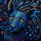 Intricate digital artwork of stylized feline with luminous eyes on dark blue background