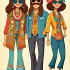 Three women in colorful retro fashion with bell-bottoms and floral prints.