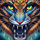 Colorful Abstract Tiger Face Painting with Yellow Eyes and Bold Strokes