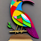 Colorful Stylized Bird Sculpture with Geometric Patterns on Wooden Base