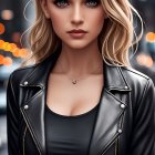 Blonde woman in black tank top and leather jacket in urban setting