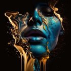 Abstract Face in Blue with Dynamic Golden Splashes